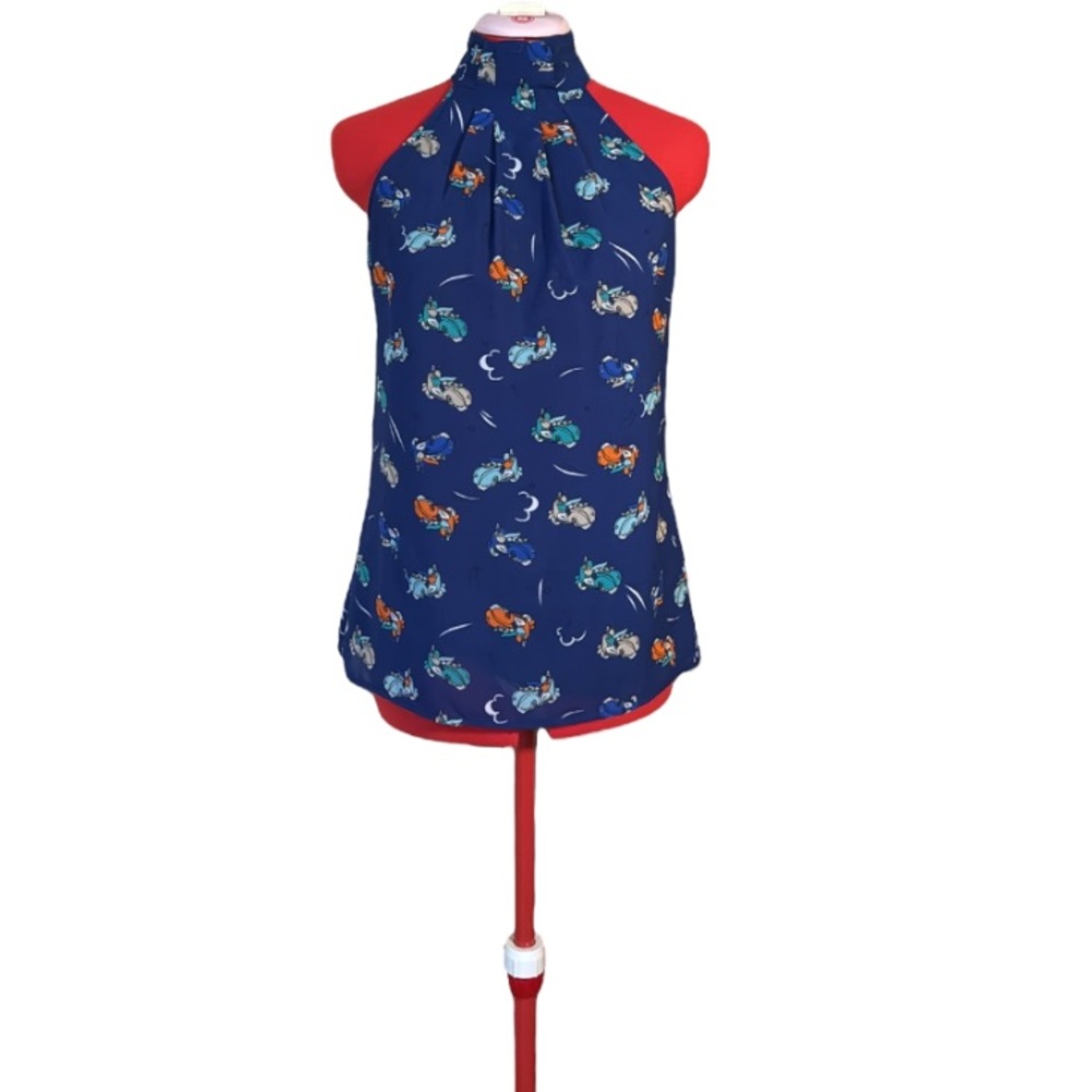 Le Chateau Blue Vespa Print Halter Neck Blouse Top Size Small